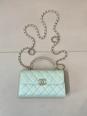 Chanel AP3238 Phone Holder with Chain Grained Shiny Calfskin  Light Green - Default Title - View 1