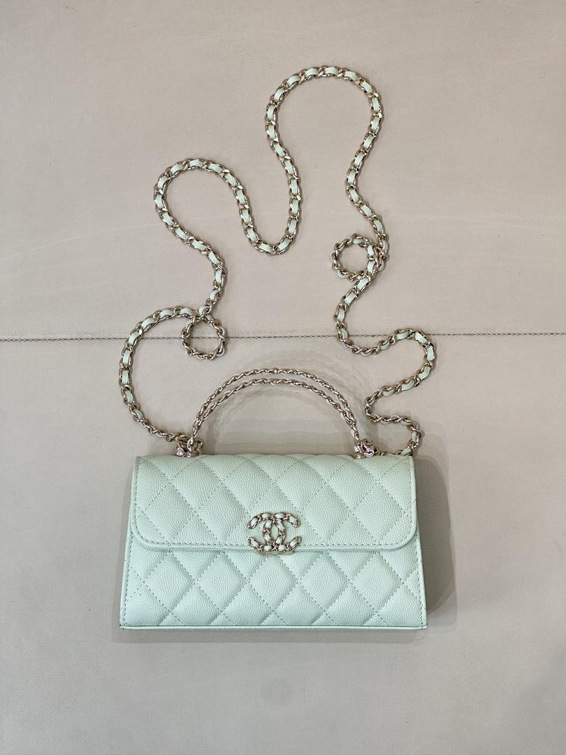 Chanel AP3238 Phone Holder with Chain Grained Shiny Calfskin  Light Green
