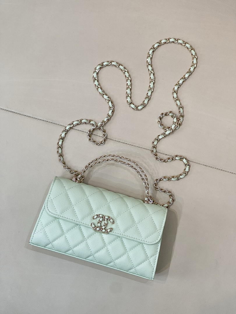 Chanel AP3238 Phone Holder with Chain Grained Shiny Calfskin  Light Green - Default Title - View 2
