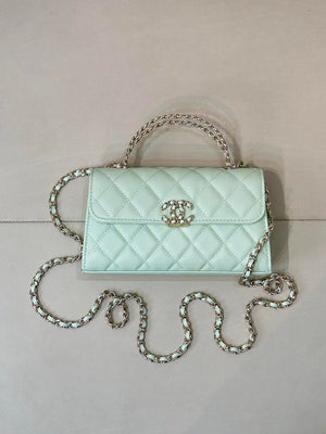 Chanel AP3238 Phone Holder with Chain Grained Shiny Calfskin  Light Green - Default Title - View 3