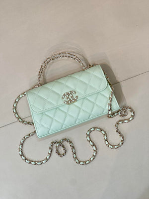 Chanel AP3238 Phone Holder with Chain Grained Shiny Calfskin  Light Green - Default Title - View 4