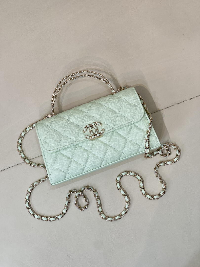 Chanel AP3238 Phone Holder with Chain Grained Shiny Calfskin  Light Green
