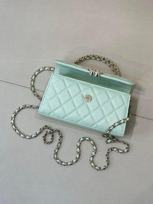 Chanel AP3238 Phone Holder with Chain Grained Shiny Calfskin  Light Green - Default Title - View 6