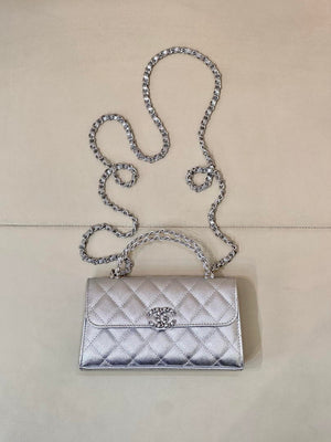 Chanel AP3238 Phone Holder with Chain Grained Shiny Calfskin Silver - Default Title - View 8