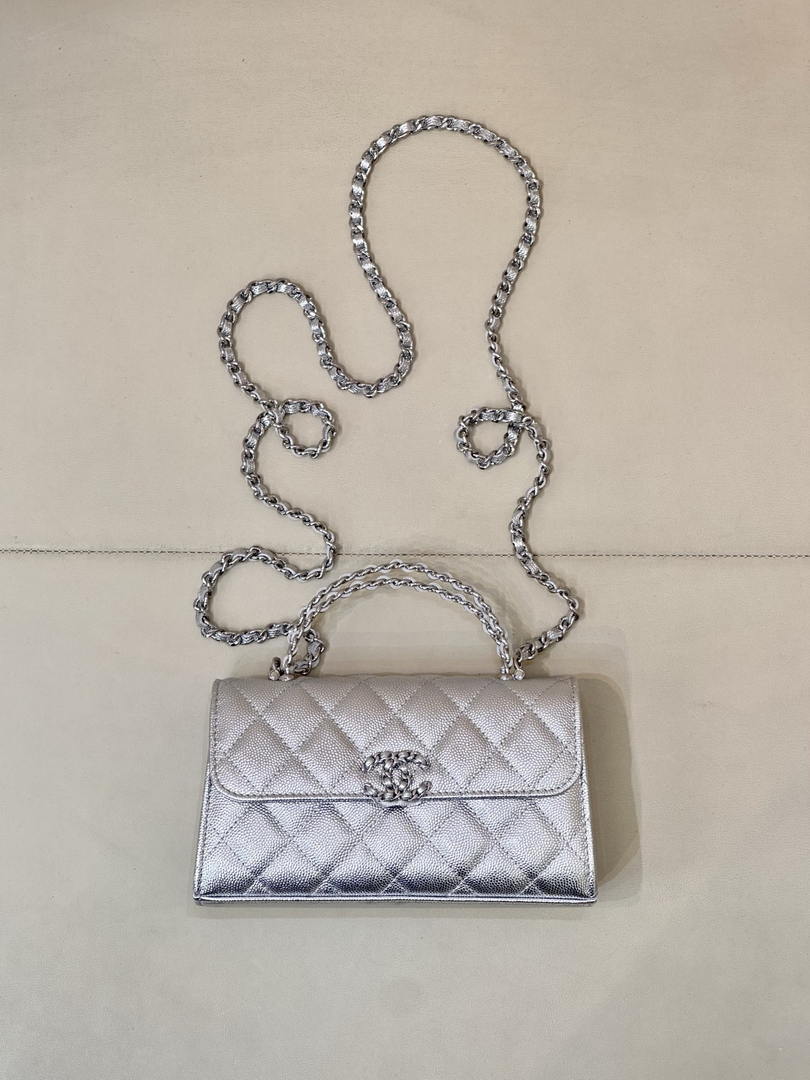 Chanel AP3238 Phone Holder with Chain Grained Shiny Calfskin Silver