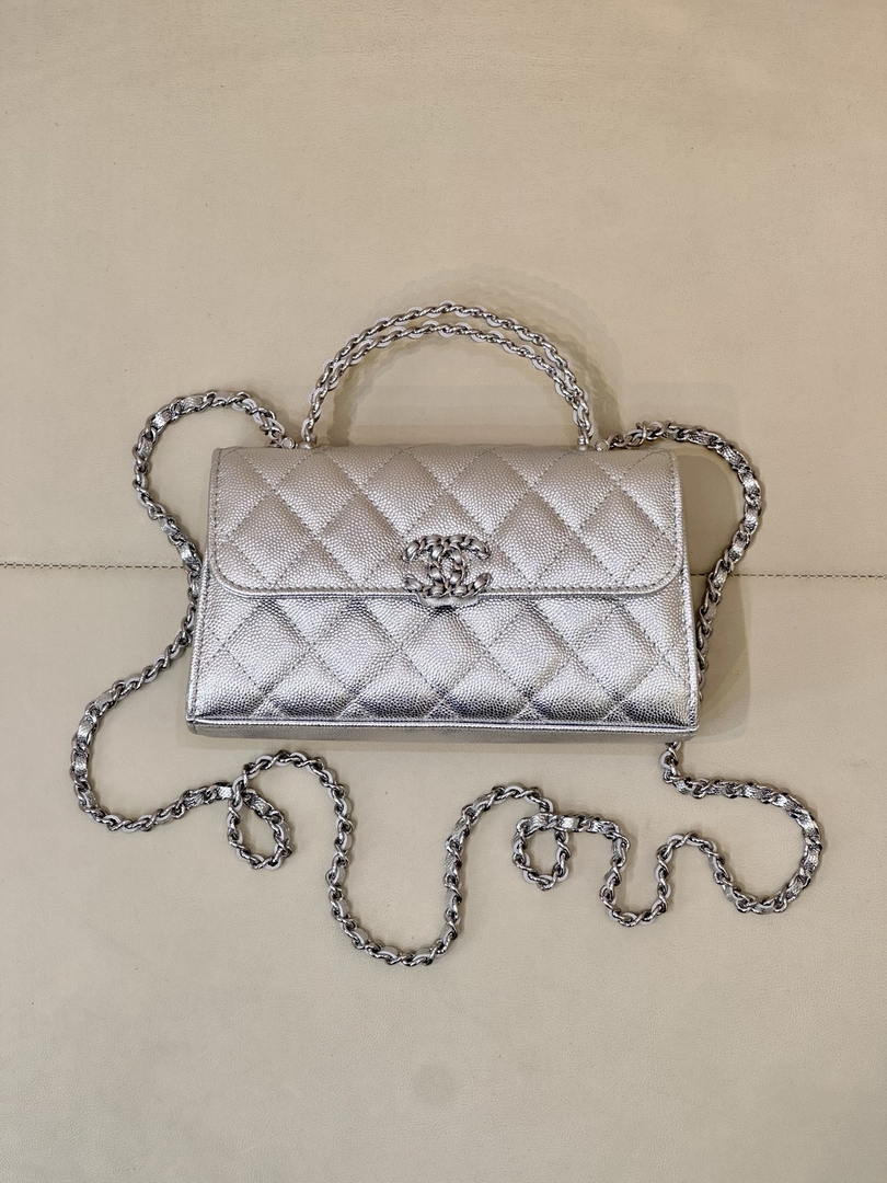 Chanel AP3238 Phone Holder with Chain Grained Shiny Calfskin Silver - Default Title - View 10