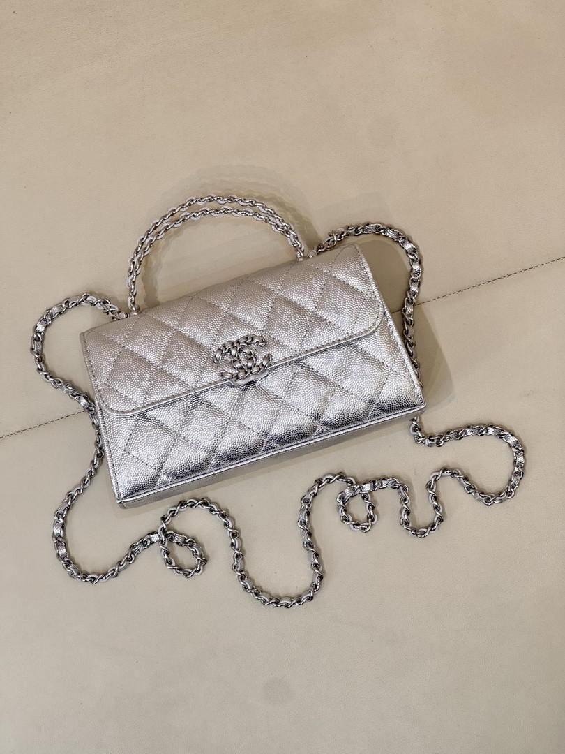 Chanel AP3238 Phone Holder with Chain Grained Shiny Calfskin Silver