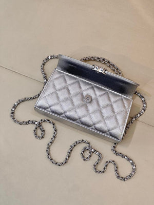 Chanel AP3238 Phone Holder with Chain Grained Shiny Calfskin Silver - Default Title - View 12