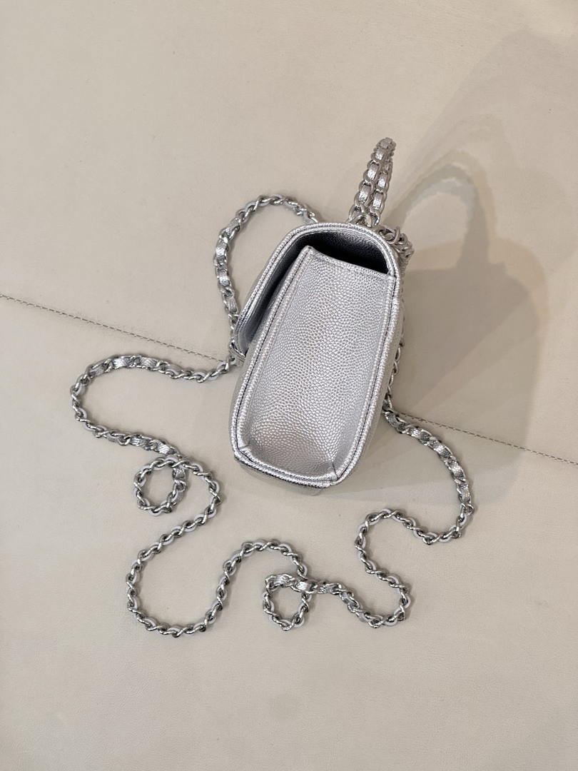 Chanel AP3238 Phone Holder with Chain Grained Shiny Calfskin Silver