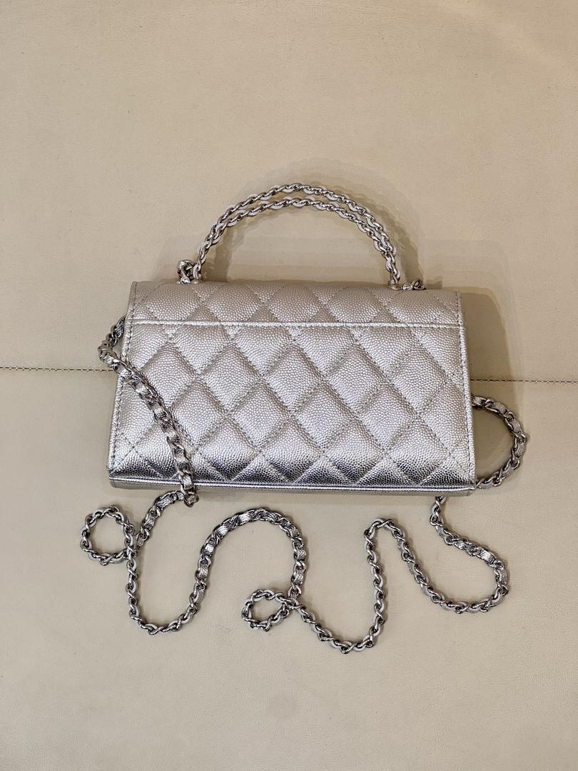 Chanel AP3238 Phone Holder with Chain Grained Shiny Calfskin Silver