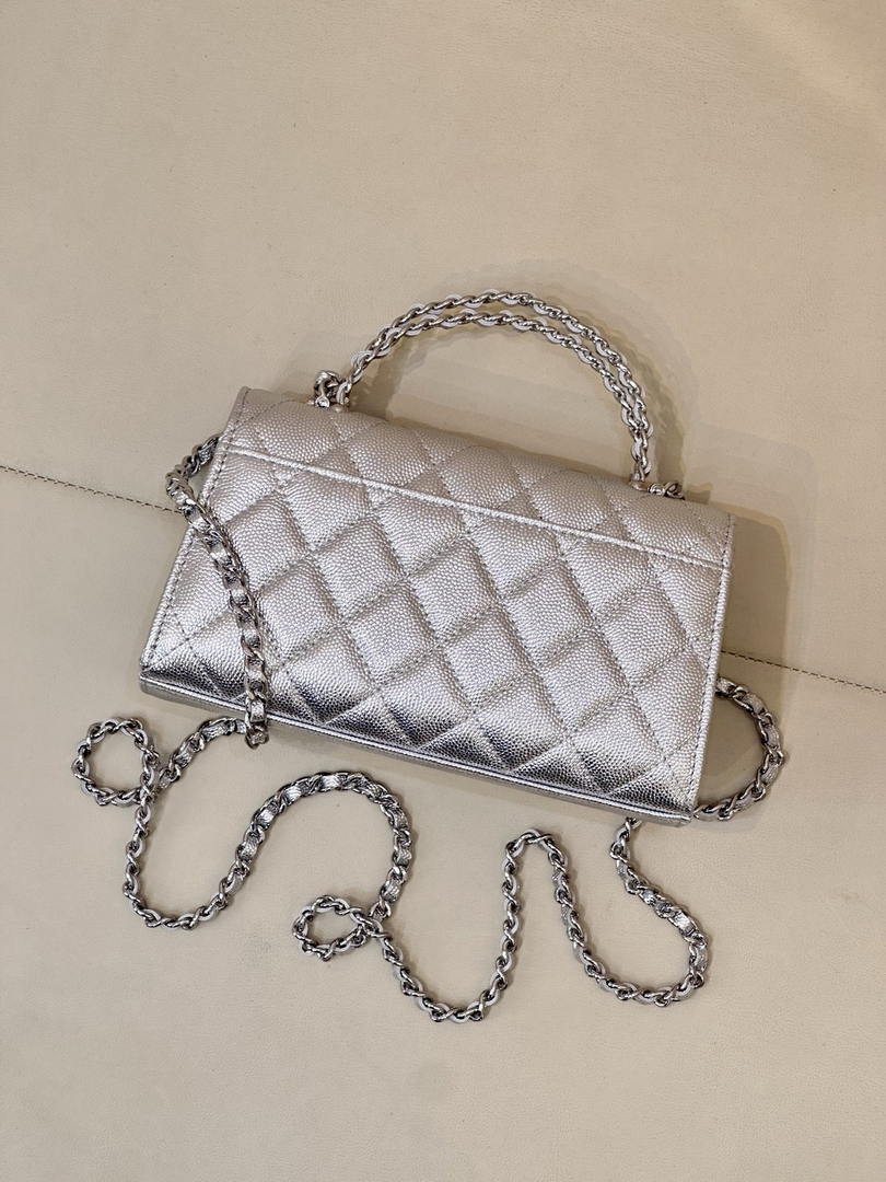 Chanel AP3238 Phone Holder with Chain Grained Shiny Calfskin Silver