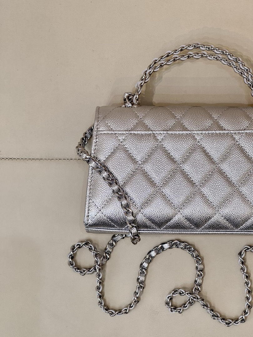 Chanel AP3238 Phone Holder with Chain Grained Shiny Calfskin Silver