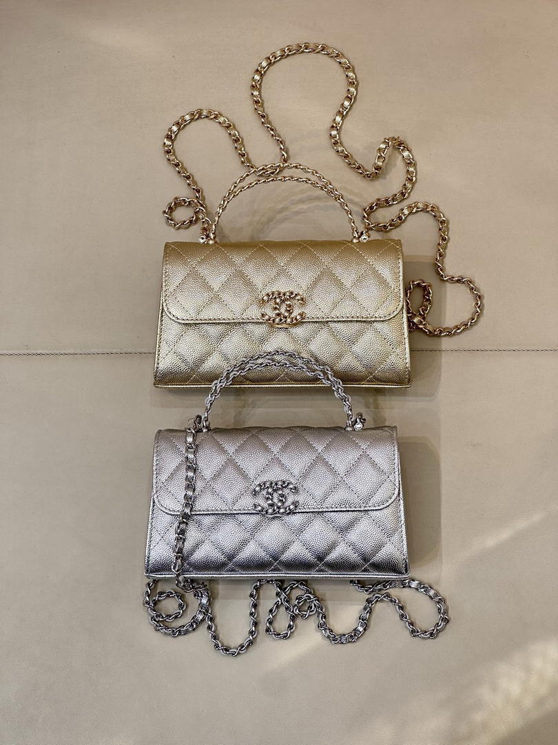 Chanel AP3238 Phone Holder with Chain Grained Shiny Calfskin Silver