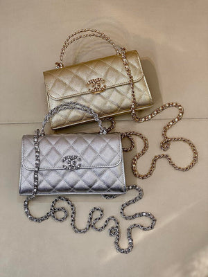 Chanel AP3238 Phone Holder with Chain Grained Shiny Calfskin Silver - Default Title - View 17