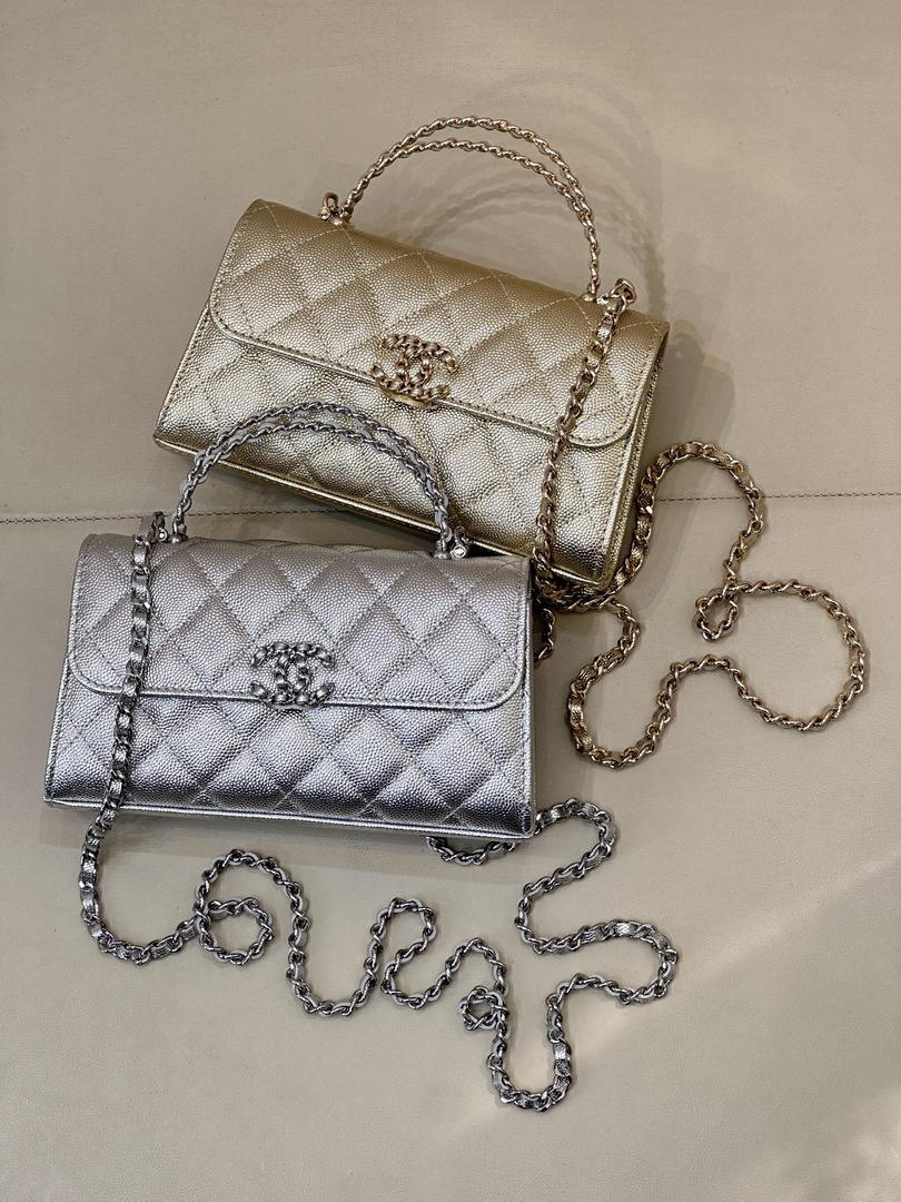 Chanel AP3238 Phone Holder with Chain Grained Shiny Calfskin Silver