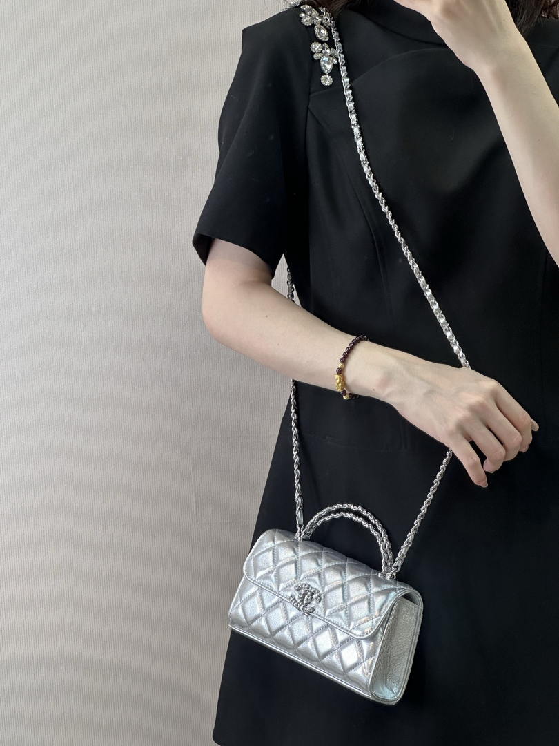 Chanel AP3238 Phone Holder with Chain Grained Shiny Calfskin Silver - Default Title - View 2