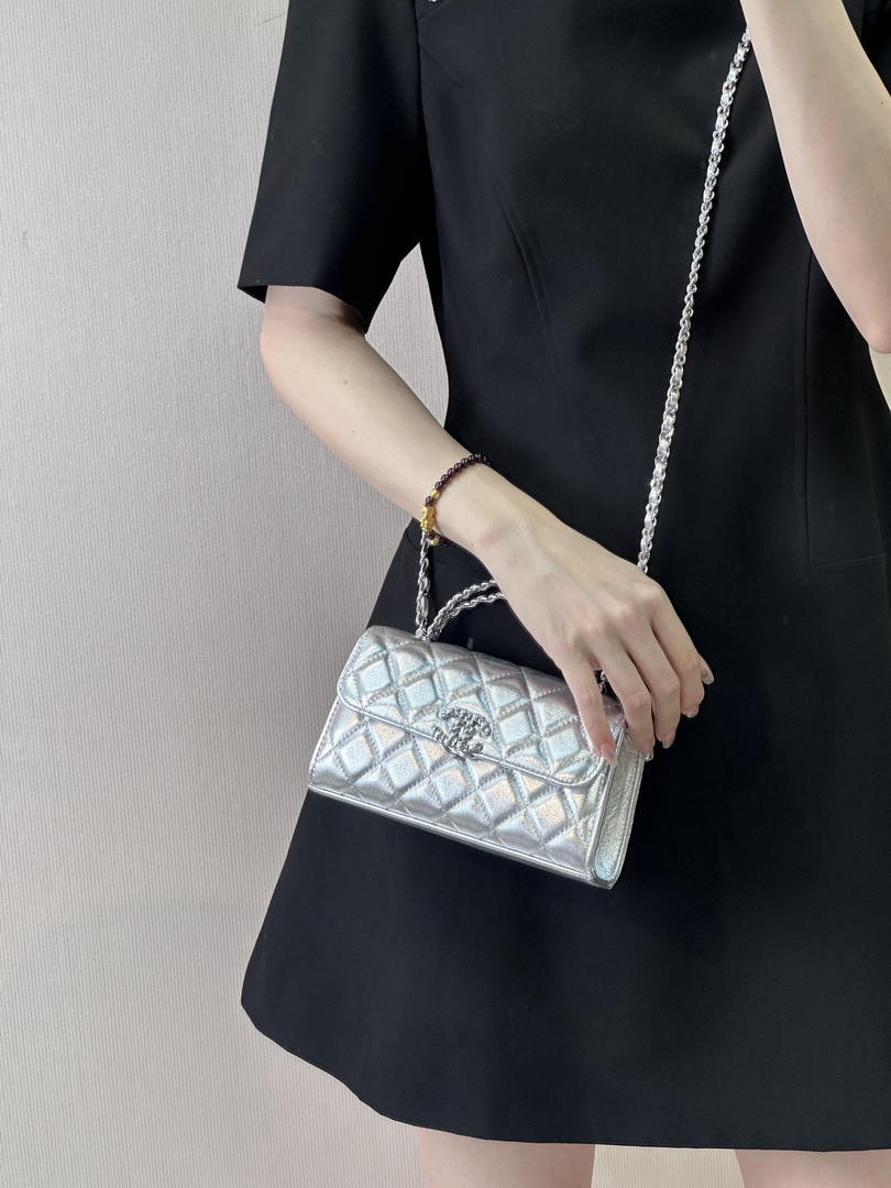 Chanel AP3238 Phone Holder with Chain Grained Shiny Calfskin Silver