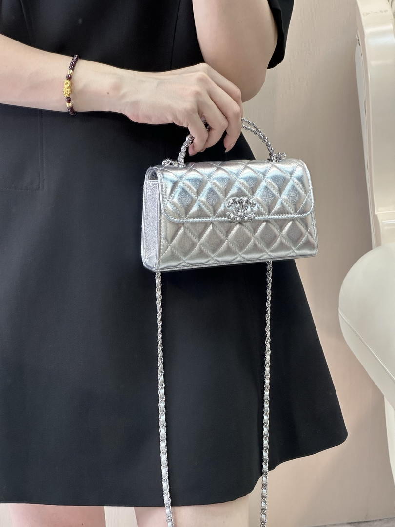 Chanel AP3238 Phone Holder with Chain Grained Shiny Calfskin Silver