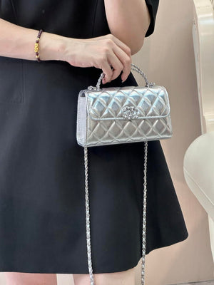 Chanel AP3238 Phone Holder with Chain Grained Shiny Calfskin Silver - Default Title - View 4