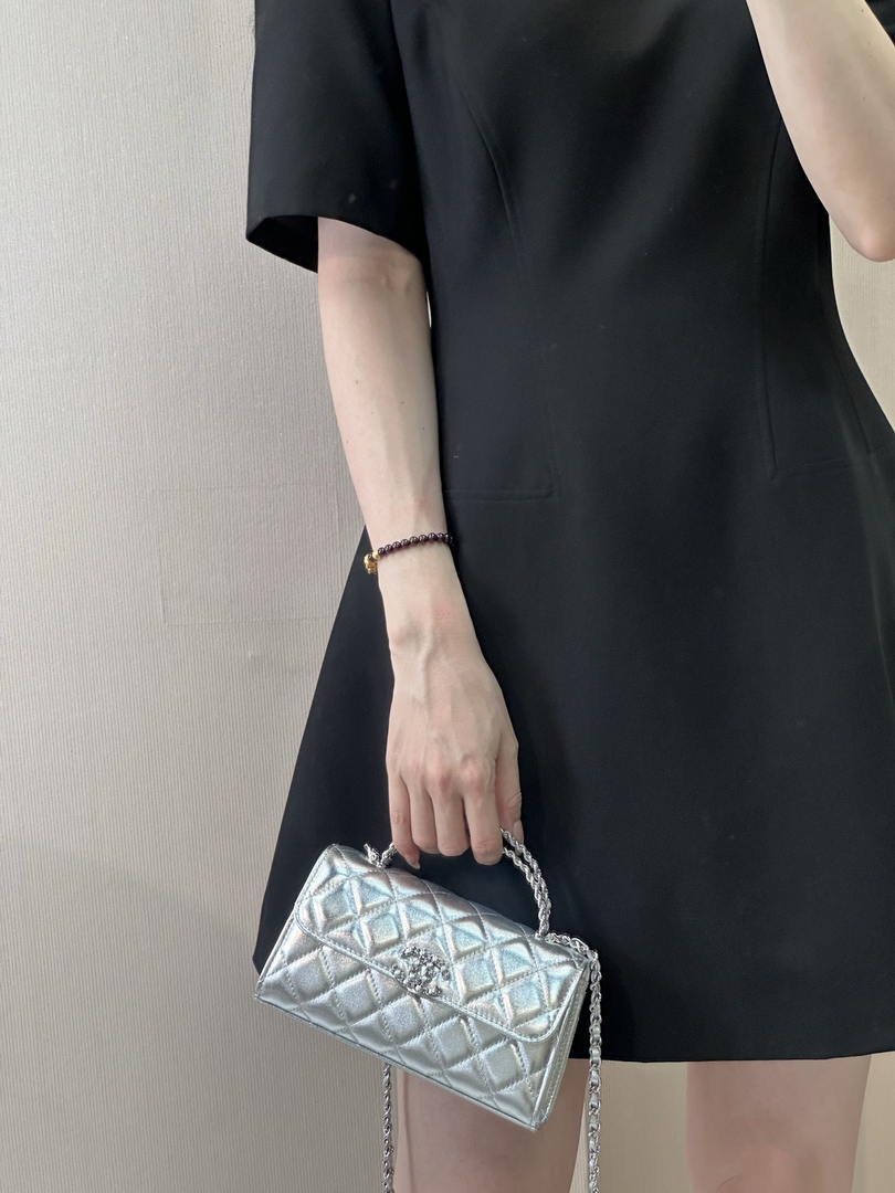 Chanel AP3238 Phone Holder with Chain Grained Shiny Calfskin Silver