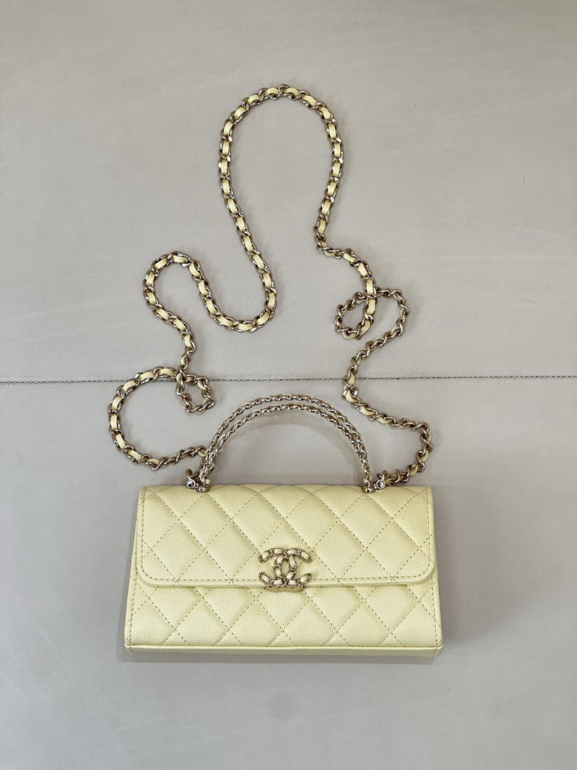 Chanel AP3238 Phone Holder with Chain Grained Shiny Calfskin Yellow