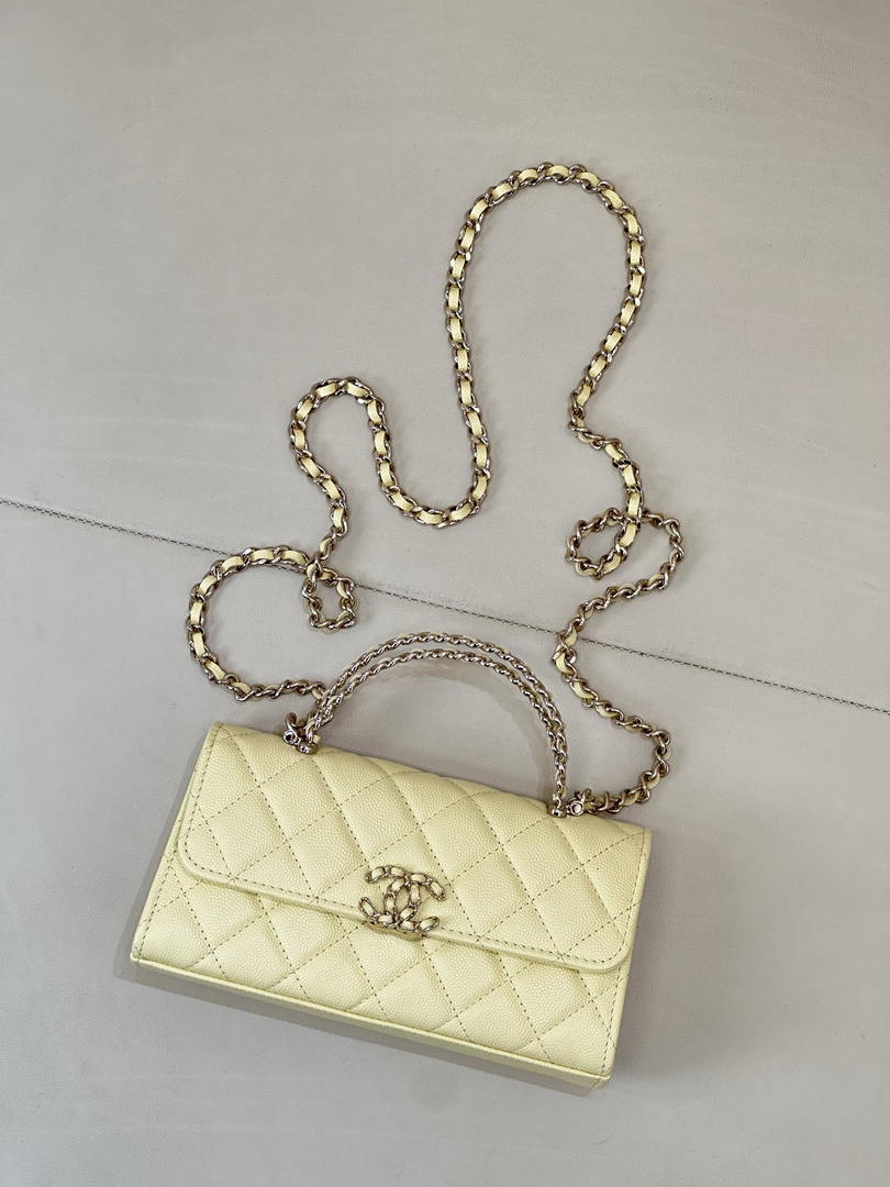 Chanel AP3238 Phone Holder with Chain Grained Shiny Calfskin Yellow