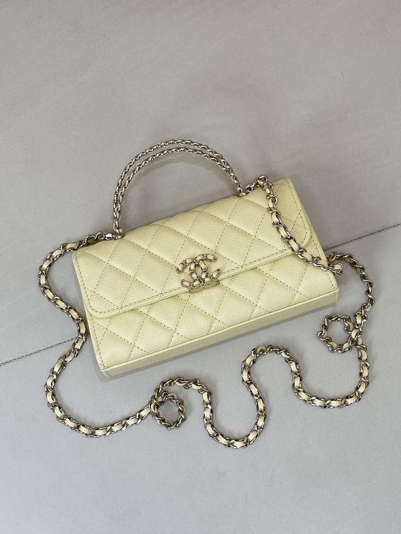 Chanel AP3238 Phone Holder with Chain Grained Shiny Calfskin Yellow