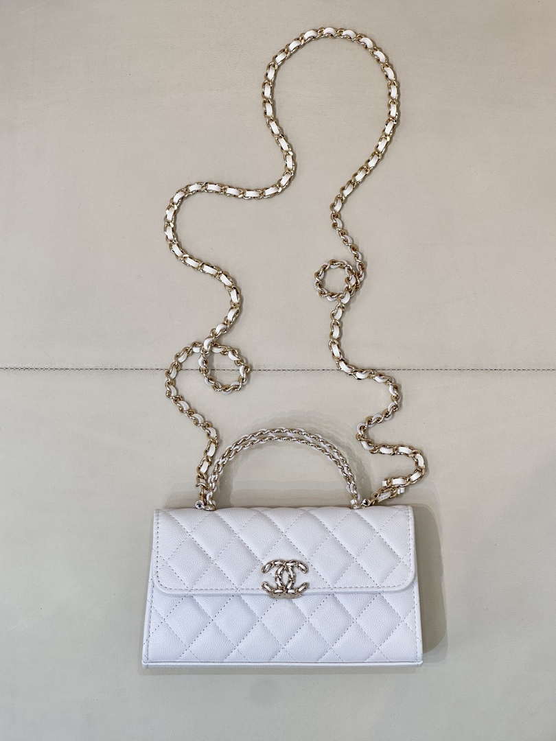 Chanel AP3238 Phone Holder with Chain Grained Shiny Calfskin White