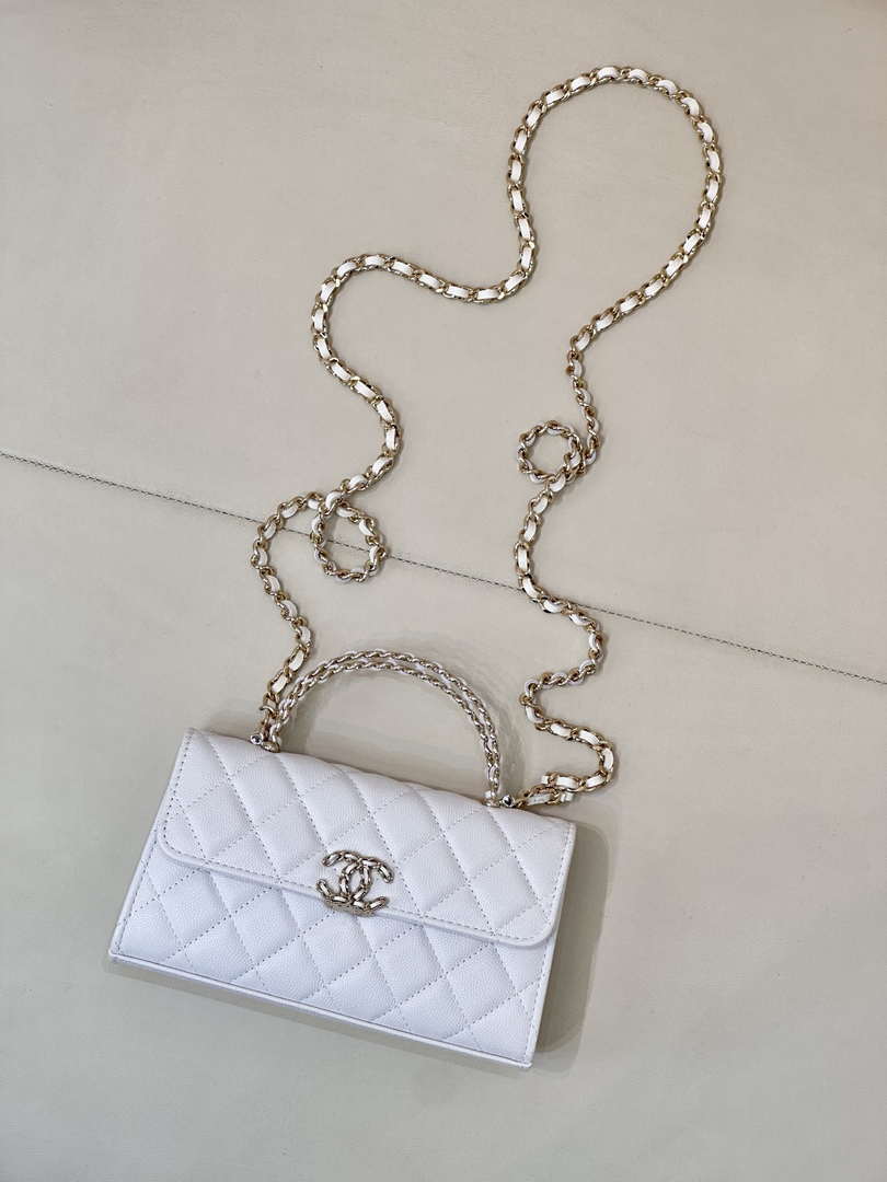 Chanel AP3238 Phone Holder with Chain Grained Shiny Calfskin White