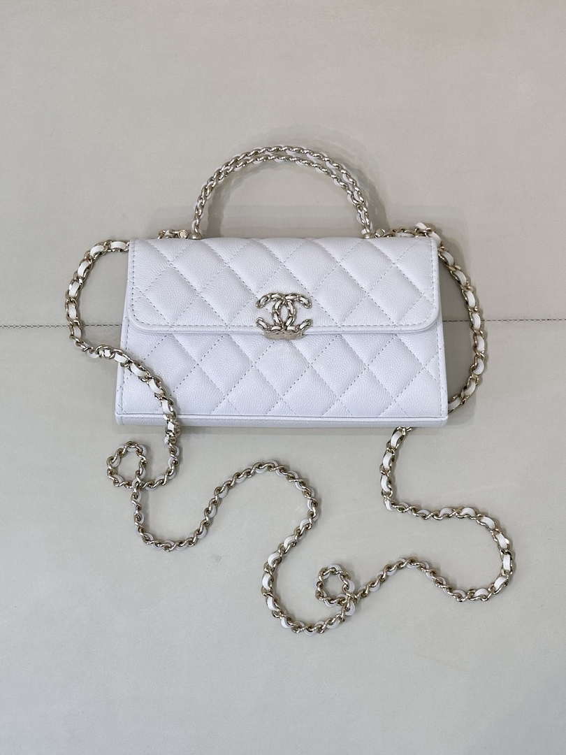 Chanel AP3238 Phone Holder with Chain Grained Shiny Calfskin White