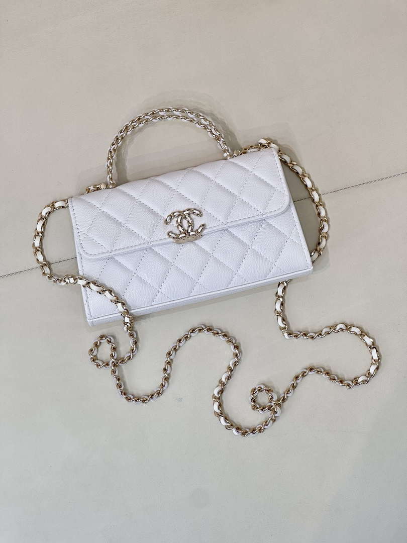 Chanel AP3238 Phone Holder with Chain Grained Shiny Calfskin White