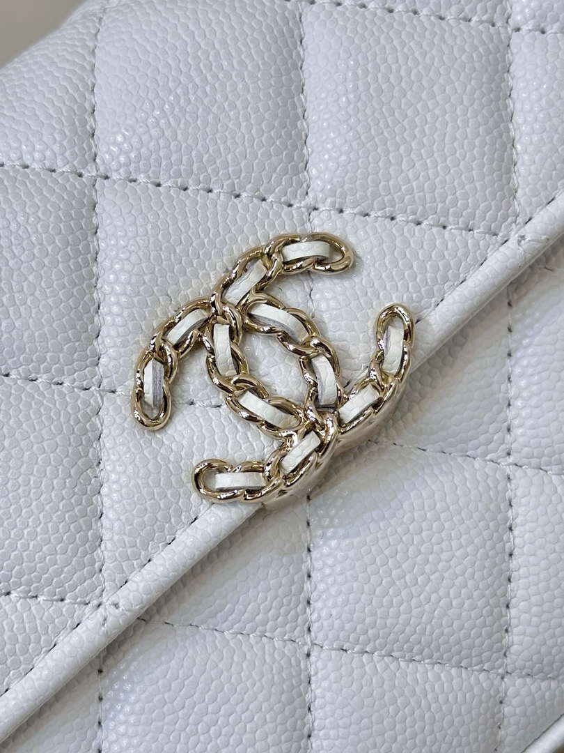 Chanel AP3238 Phone Holder with Chain Grained Shiny Calfskin White