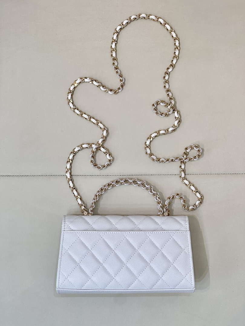 Chanel AP3238 Phone Holder with Chain Grained Shiny Calfskin White