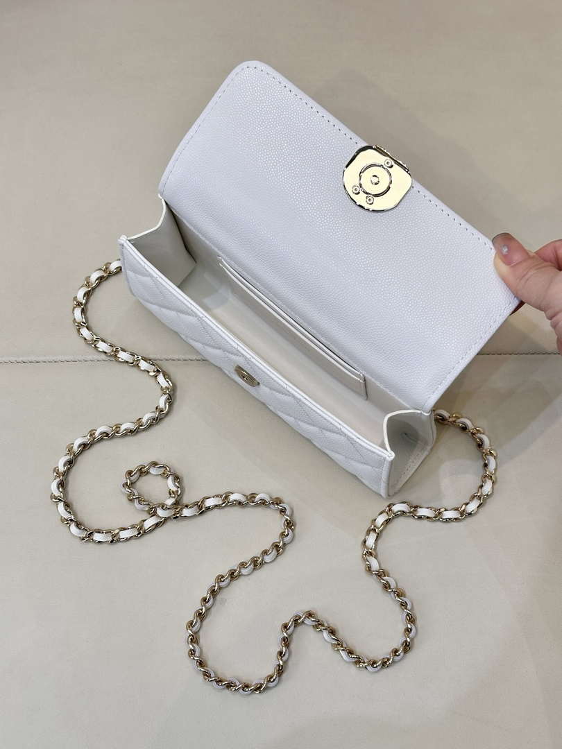 Chanel AP3238 Phone Holder with Chain Grained Shiny Calfskin White