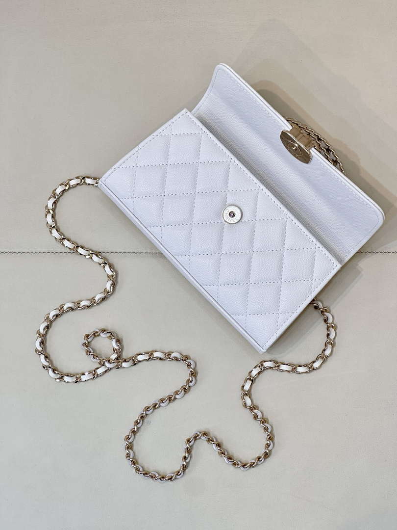 Chanel AP3238 Phone Holder with Chain Grained Shiny Calfskin White