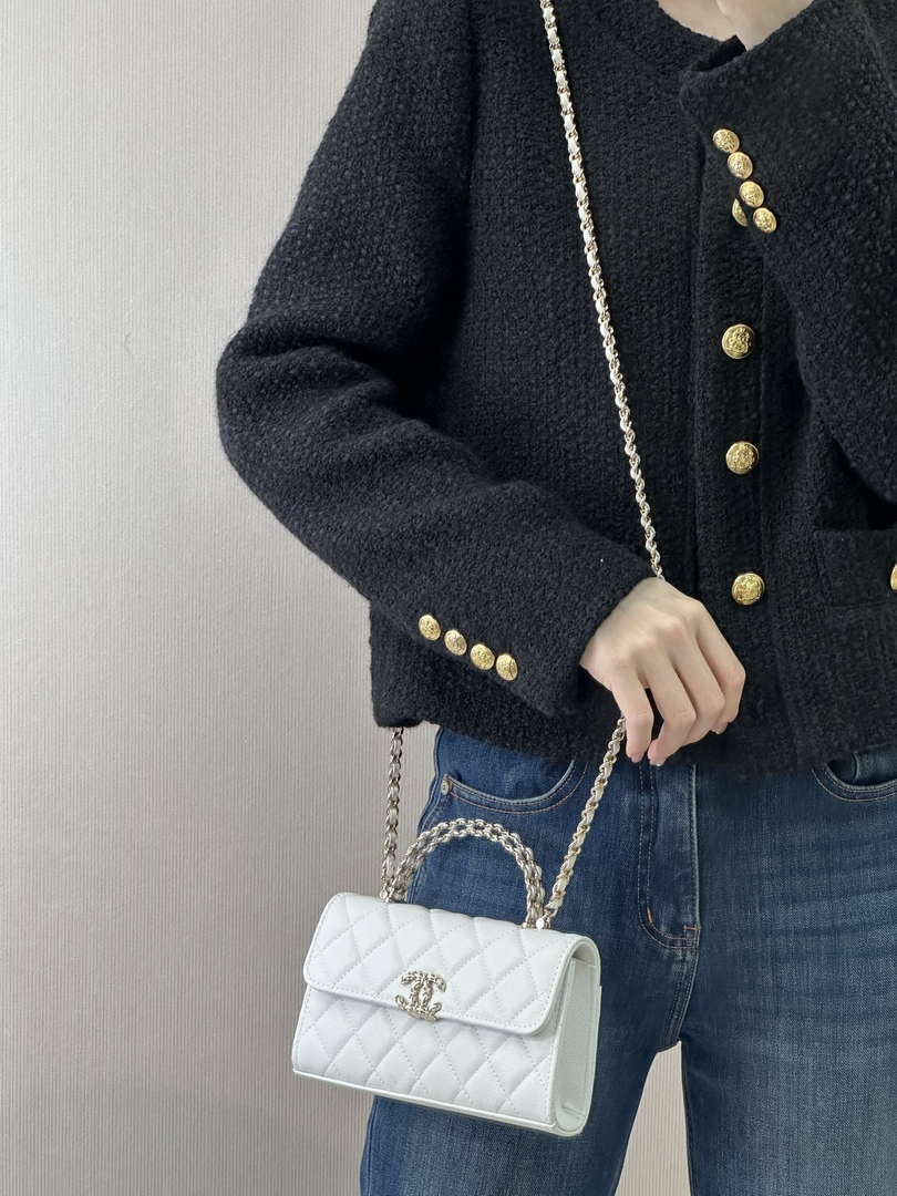 Chanel AP3238 Phone Holder with Chain Grained Shiny Calfskin White