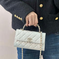 Chanel AP3238 Phone Holder with Chain Grained Shiny Calfskin White