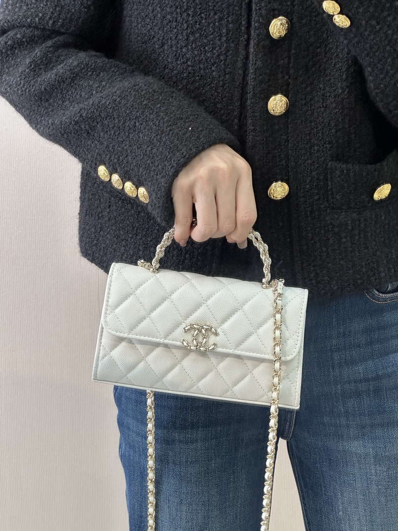 Chanel AP3238 Phone Holder with Chain Grained Shiny Calfskin White