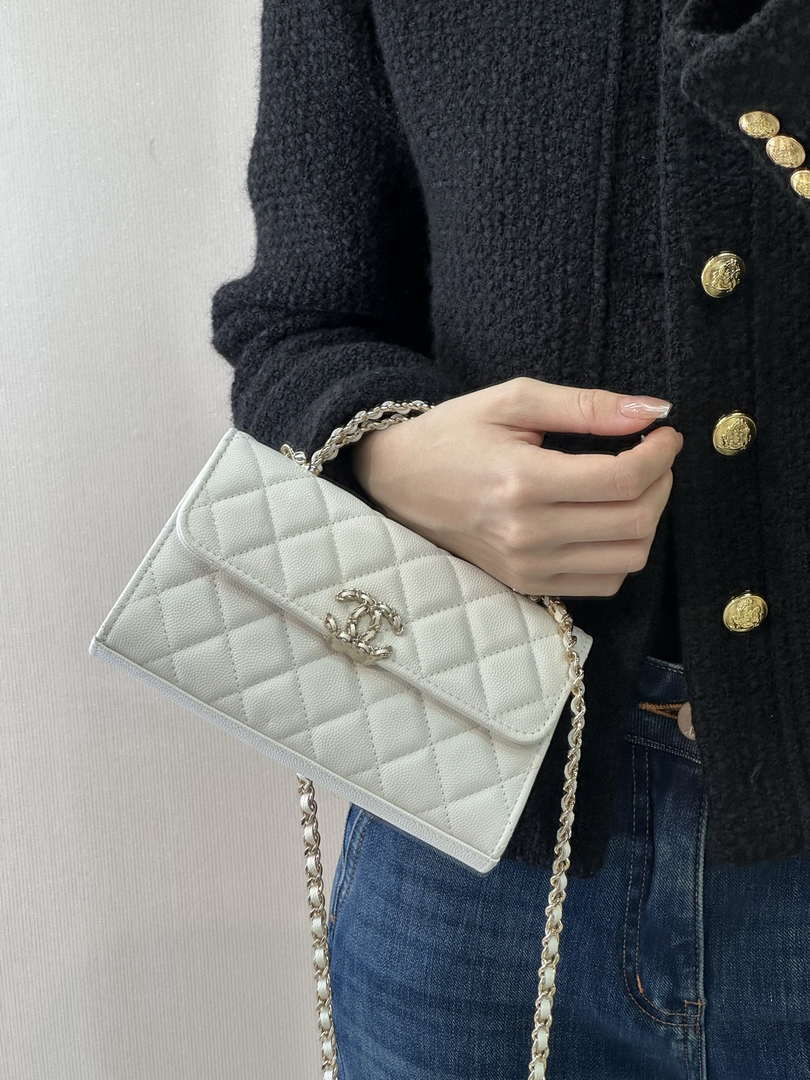 Chanel AP3238 Phone Holder with Chain Grained Shiny Calfskin White