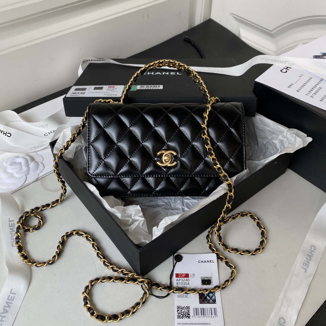 Chanel AP3240 Flap Bag With Top Handle Lambskin & Gold-Tone Metal Black - Default Title - View 1