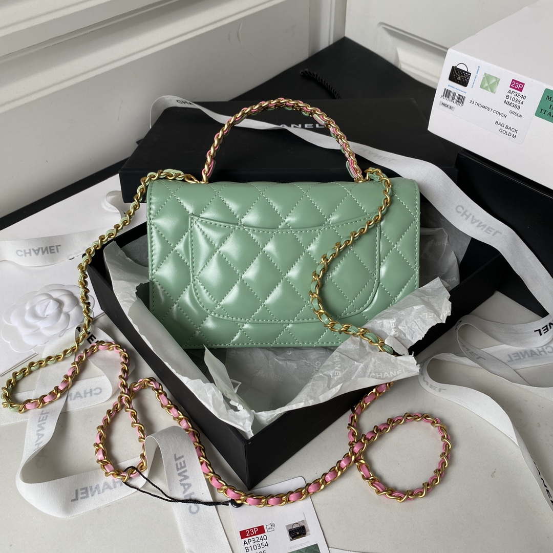 Chanel AP3240 Flap Bag With Top Handle Lambskin & Gold-Tone Metal Green - Default Title - View 2