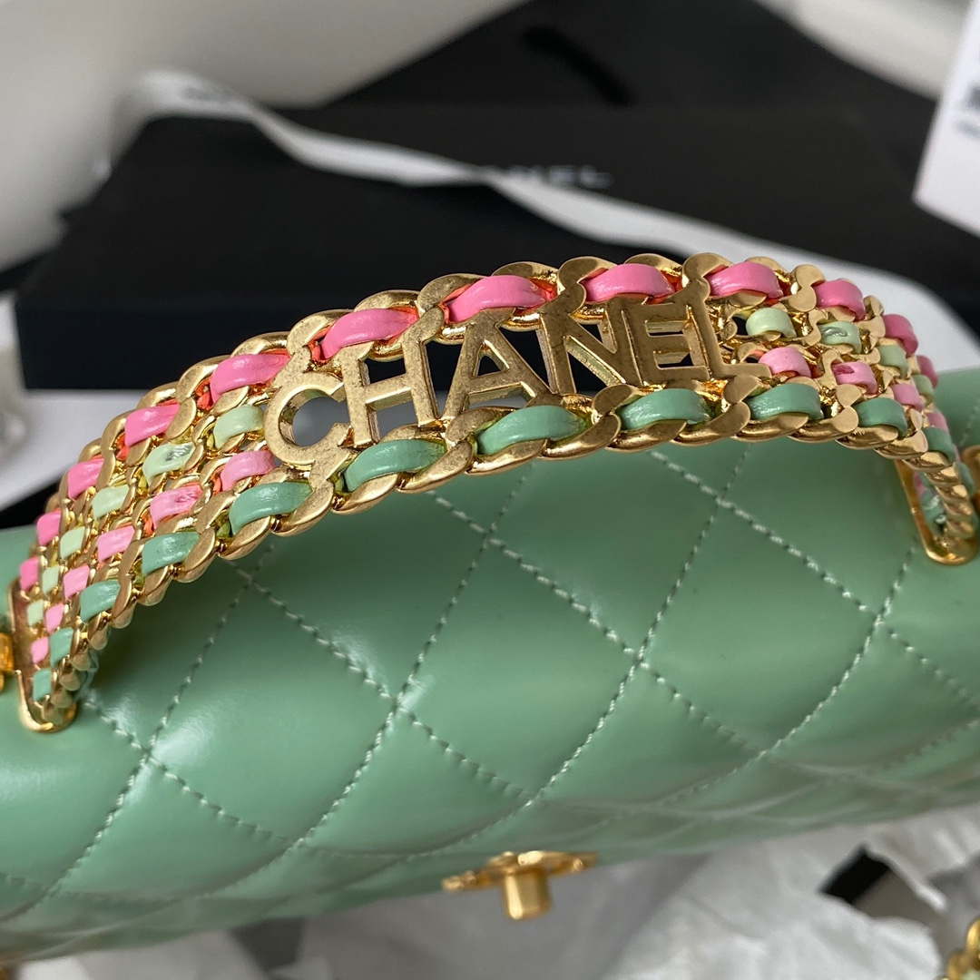 Chanel AP3240 Flap Bag With Top Handle Lambskin & Gold-Tone Metal Green