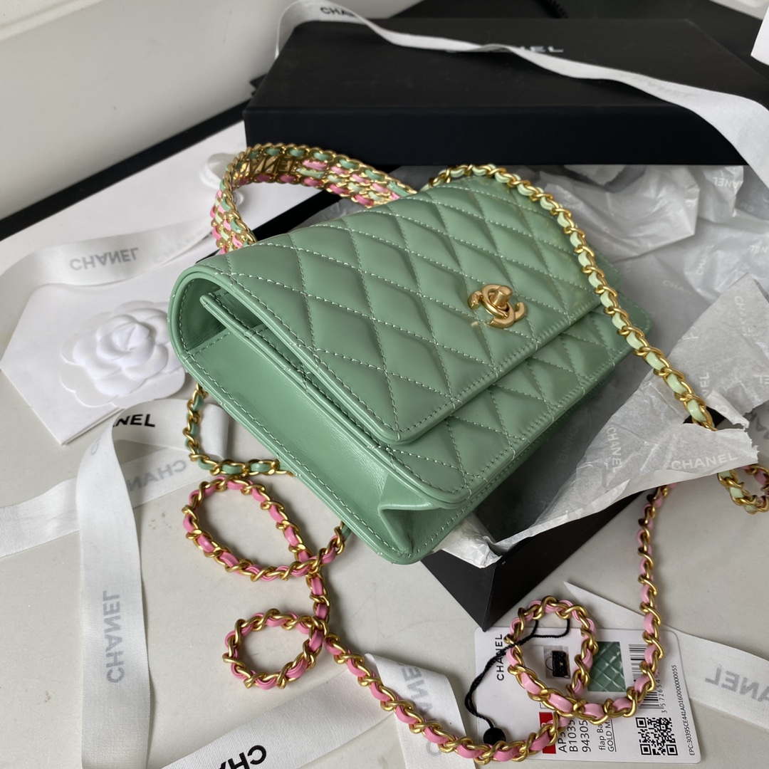 Chanel AP3240 Flap Bag With Top Handle Lambskin & Gold-Tone Metal Green - Default Title - View 5