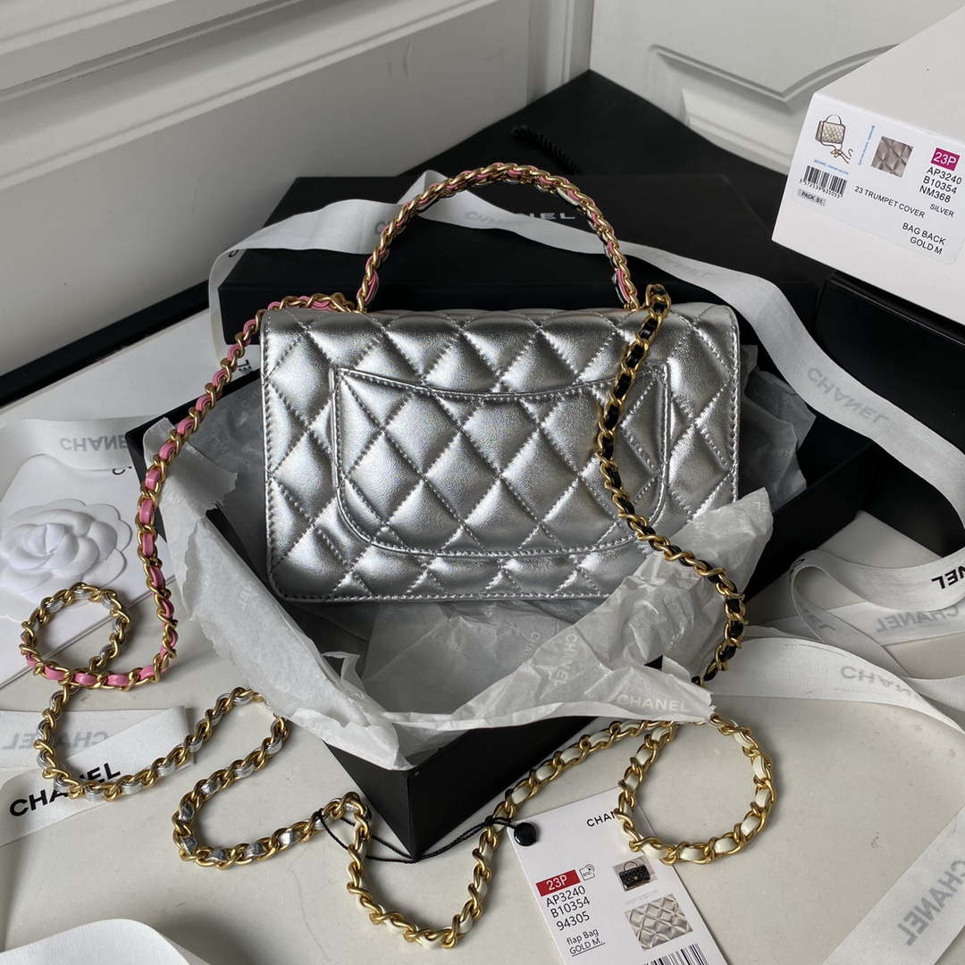 Chanel AP3240 Flap Bag With Top Handle Lambskin & Gold-Tone Metal Silver