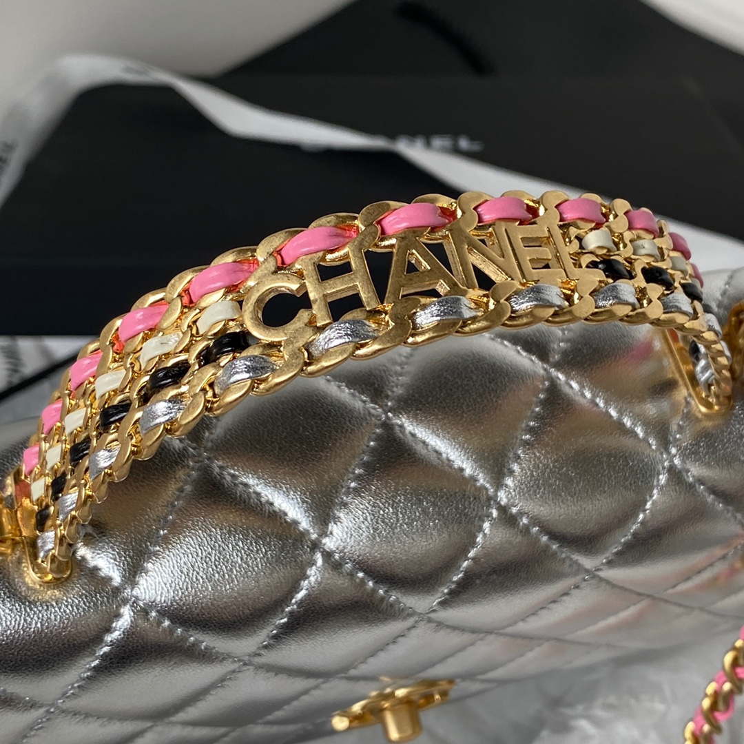 Chanel AP3240 Flap Bag With Top Handle Lambskin & Gold-Tone Metal Silver - Default Title - View 4