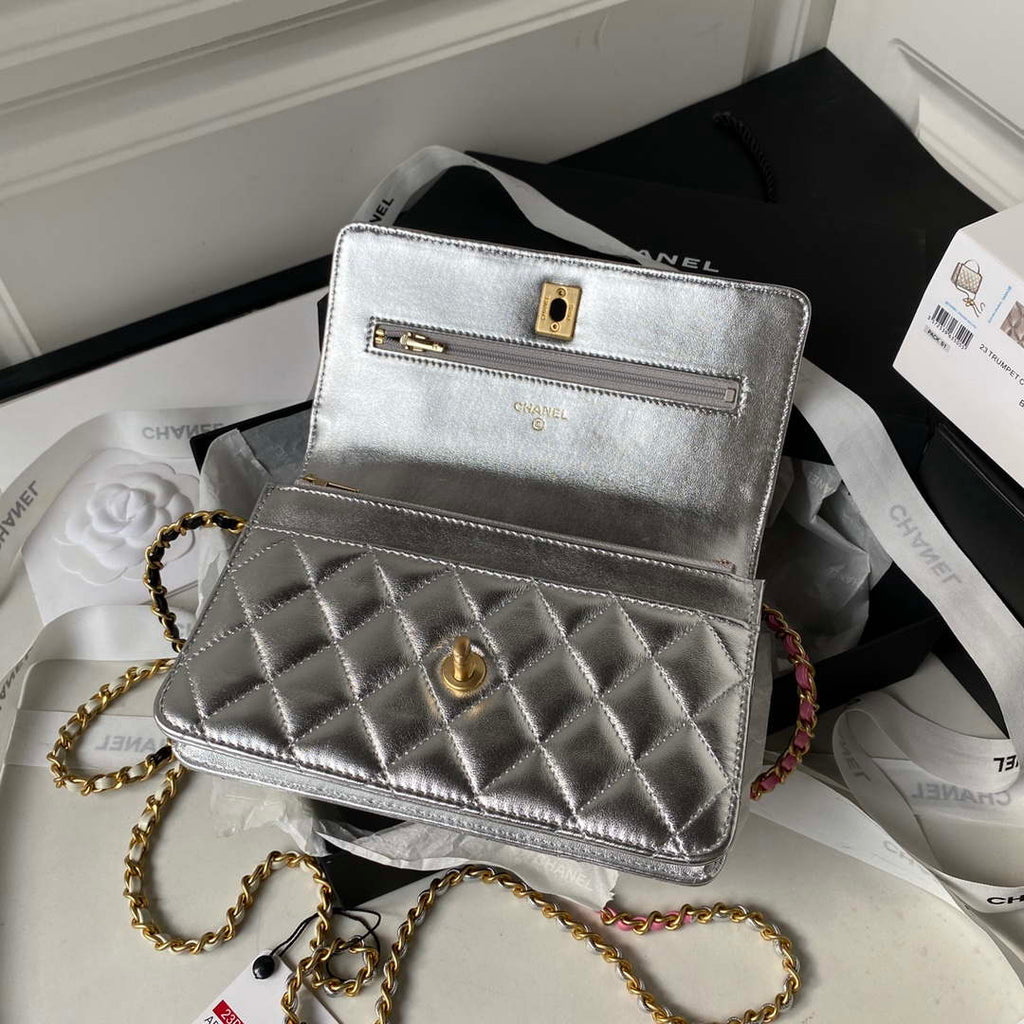Chanel AP3240 Flap Bag With Top Handle Lambskin & Gold-Tone Metal Silver