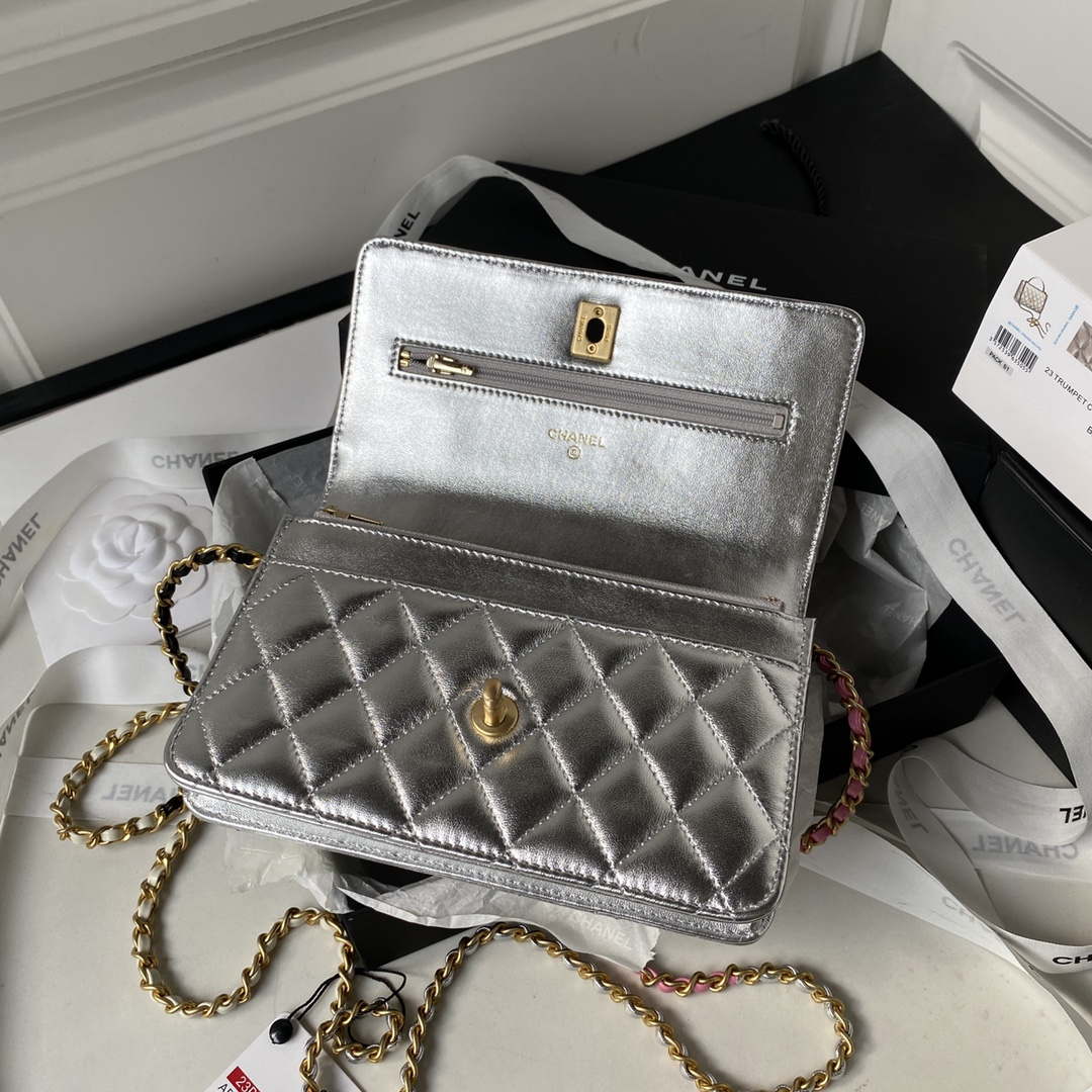 Chanel AP3240 Flap Bag With Top Handle Lambskin & Gold-Tone Metal Silver