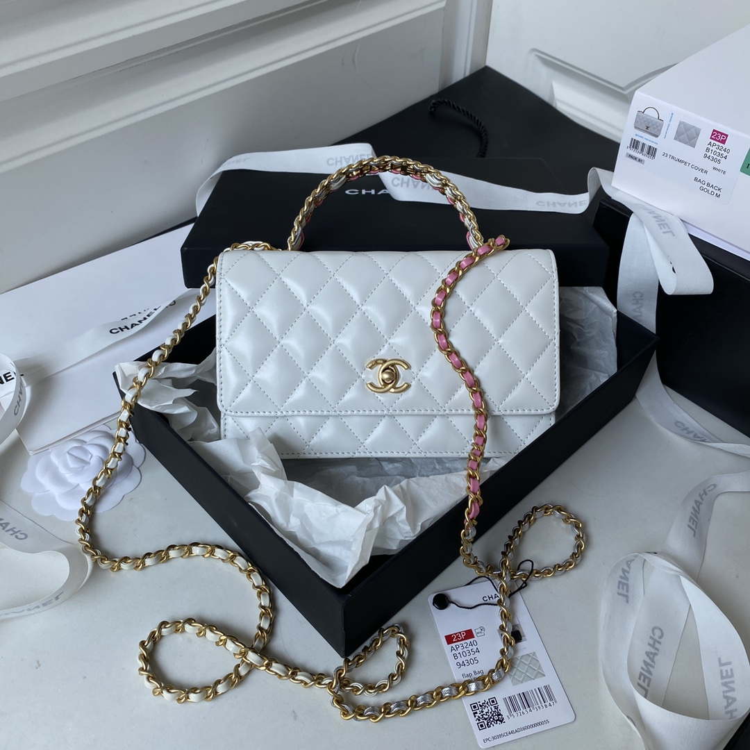 Chanel AP3240 Flap Bag With Top Handle Lambskin & Gold-Tone Metal White - Default Title - View 1