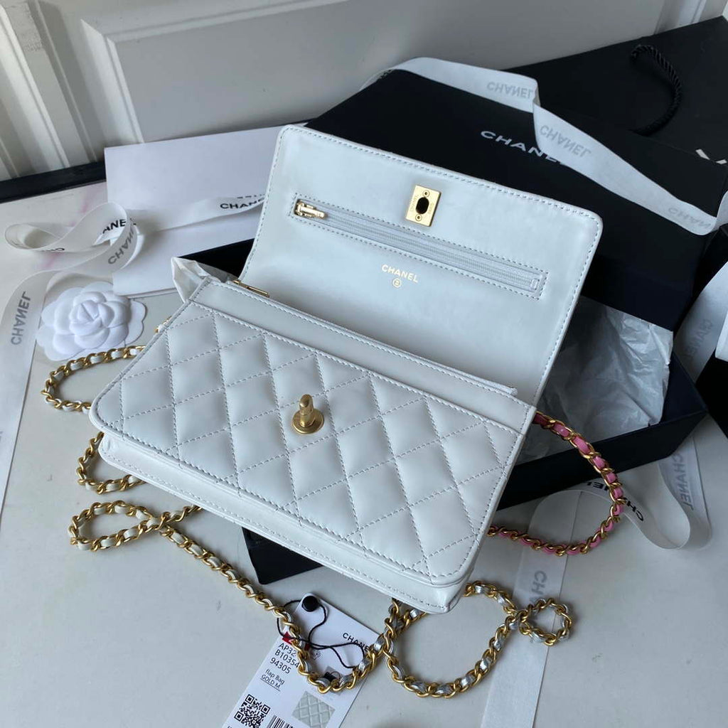 Chanel AP3240 Flap Bag With Top Handle Lambskin & Gold-Tone Metal White