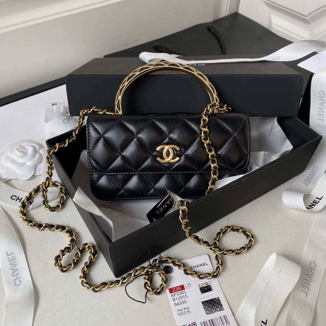Chanel AP3385 Woc Flap Phone Holder With Chain Lambskin Black Gold - Default Title - View 1